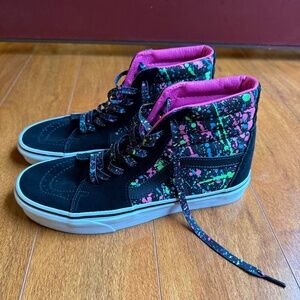 VANS Sk8 Hi Black Pink Neon Paint Splatter Skate Shoes Womens 9 Mens 7.5 Mid.